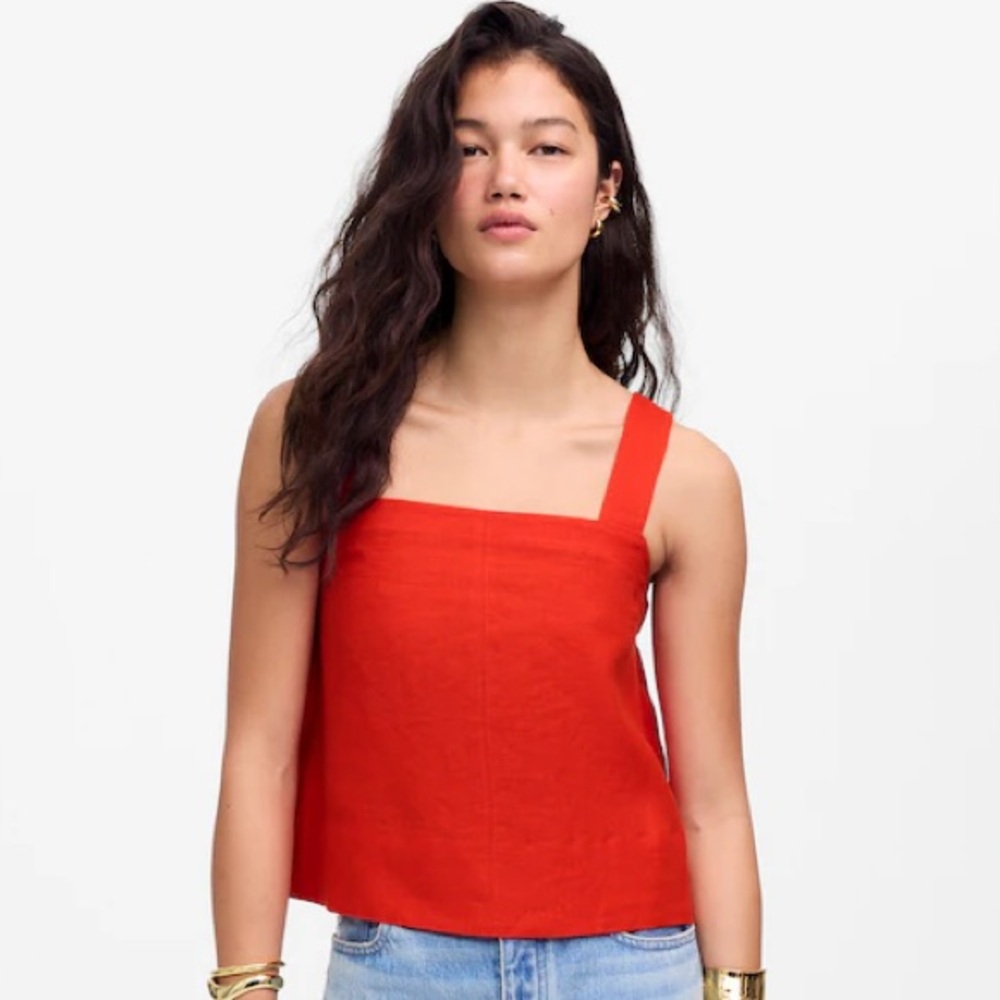 Madewell Contrast-Stitch Linen Square Neck Tank Top